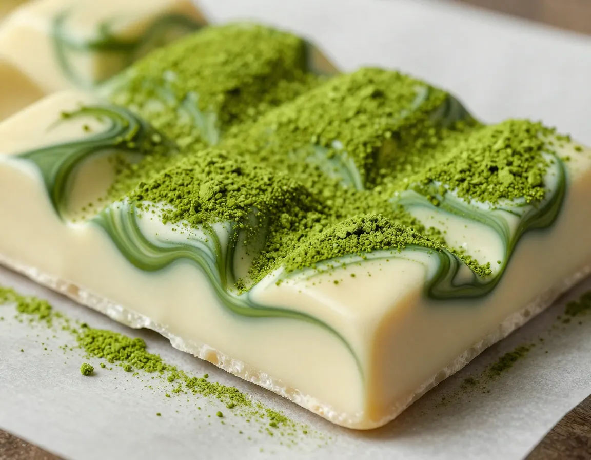 Artisanal matcha white chocolate bark with swirls