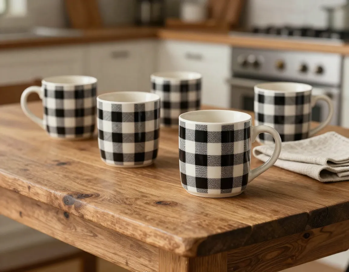 Buffalo plaid farmhouse mug on a rustic wooden table