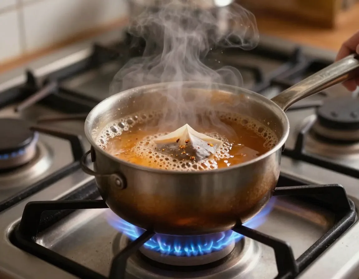 Stovetop quick boil chai pot bubbling on gas flame