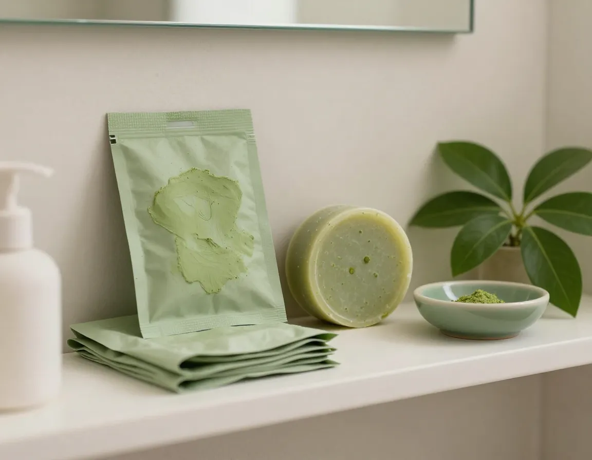 Matcha infused face mask and soap on bathroom shelf