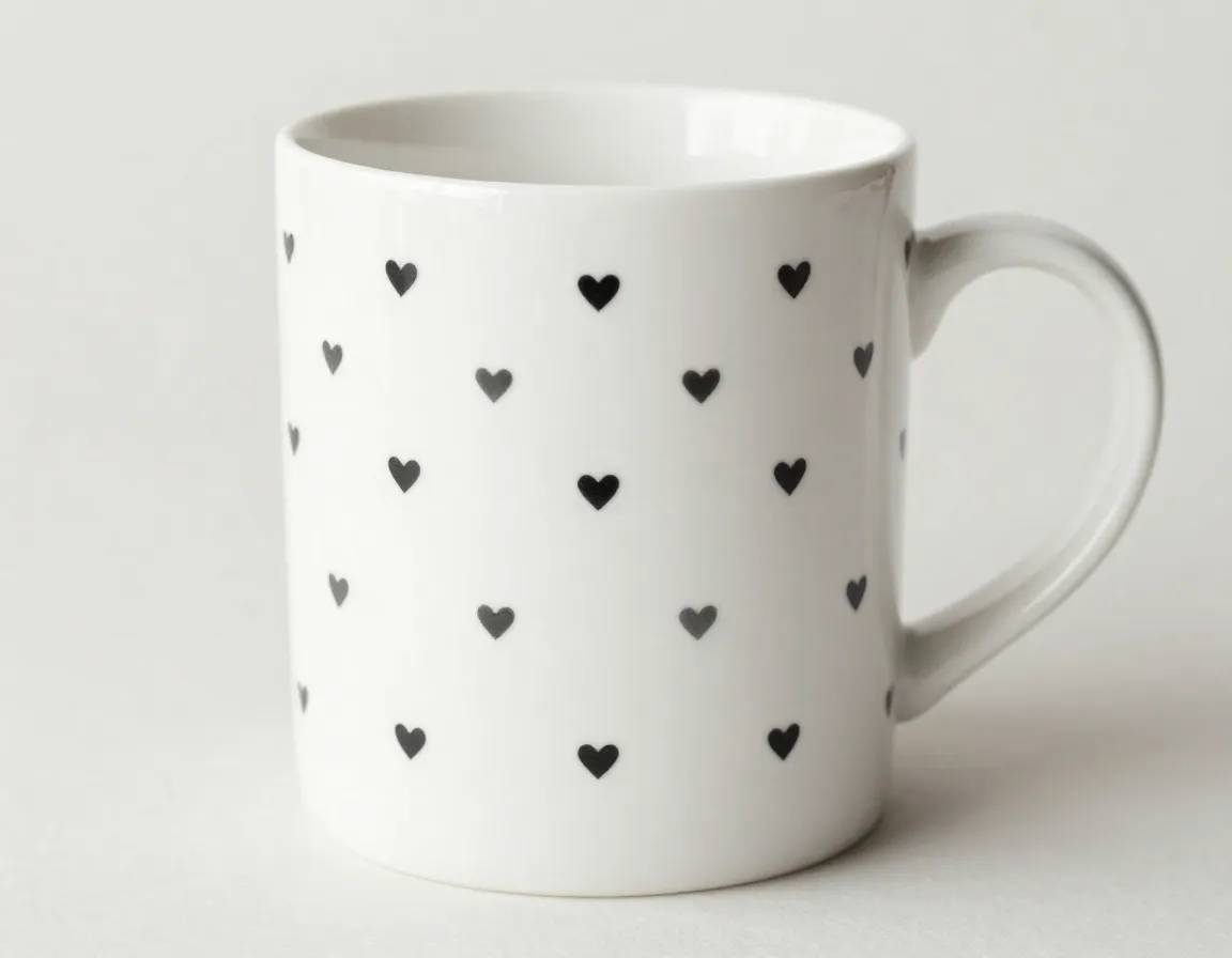 Ditsy repeat icon mug featuring tiny black hearts on white