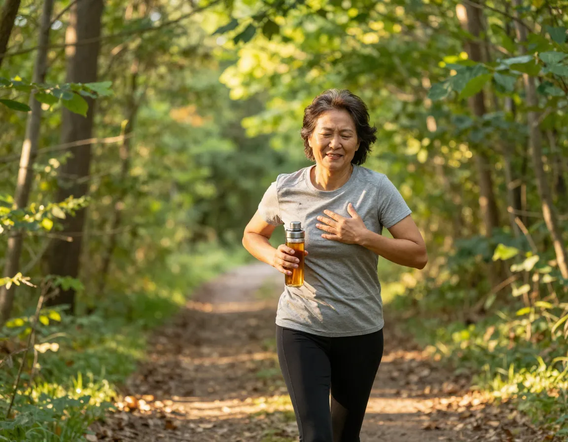 Person with angina exercising comfortably after drinking hawthorn tea
