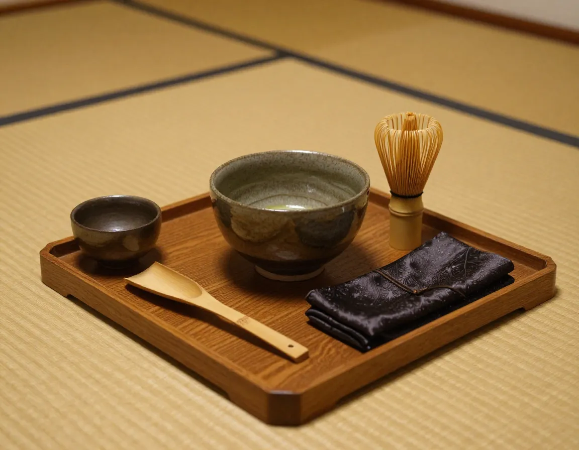 Authentic japanese ceremonial tea set on tatami mat