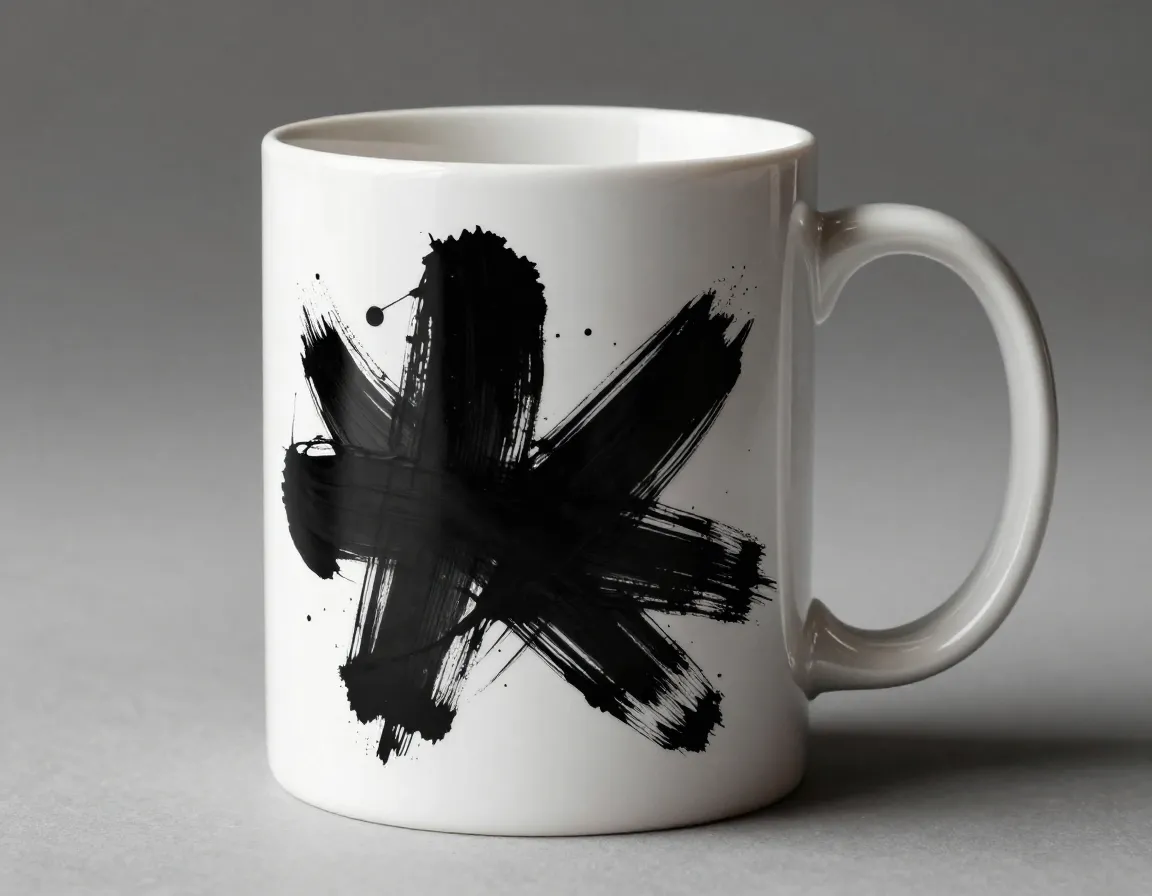 Modern abstract art mug with bold black brushstroke design