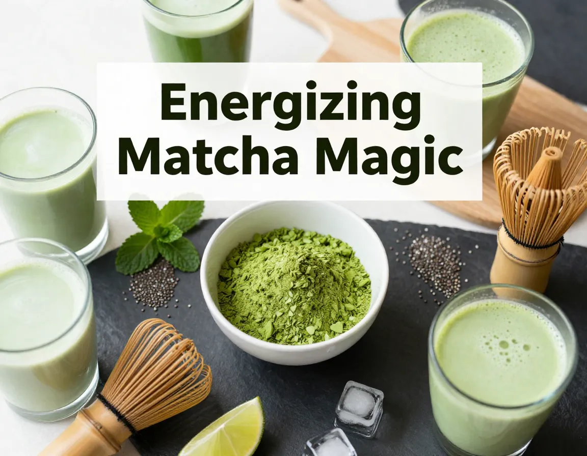 Energizing matcha drinks flat lay bamboo whisk fresh ingredients vibrant green