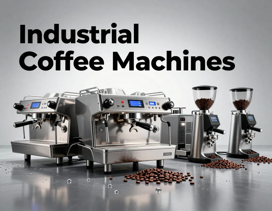 Gleaming stainless commercial espresso machines lineup professional industrial showroom