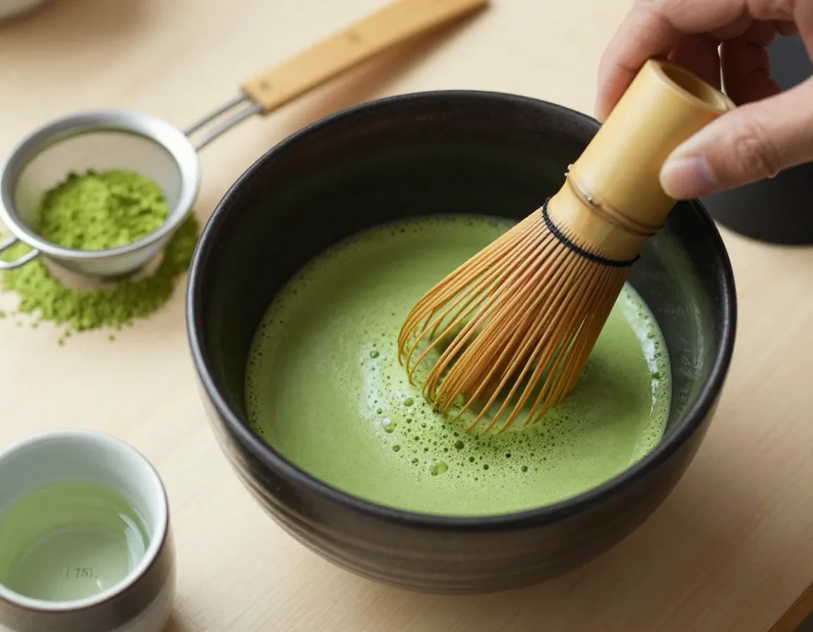 Classic whisked matcha tea in ceramic bowl with bamboo whisk