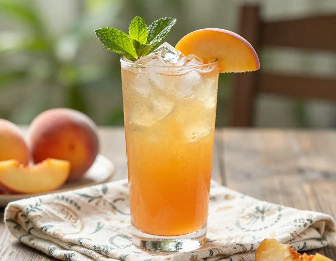 Georgia peach tea southern cocktail with fresh peach slice