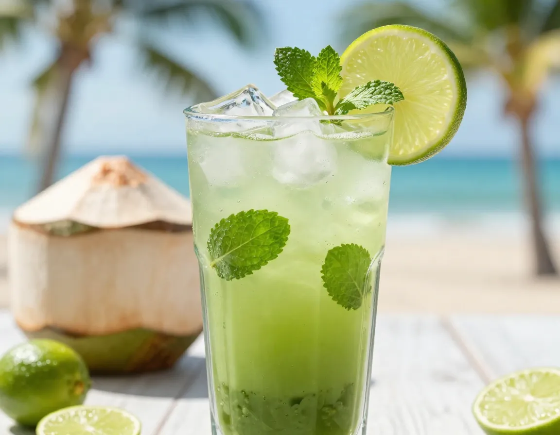 Refreshing matcha coconut water drink with lime and mint