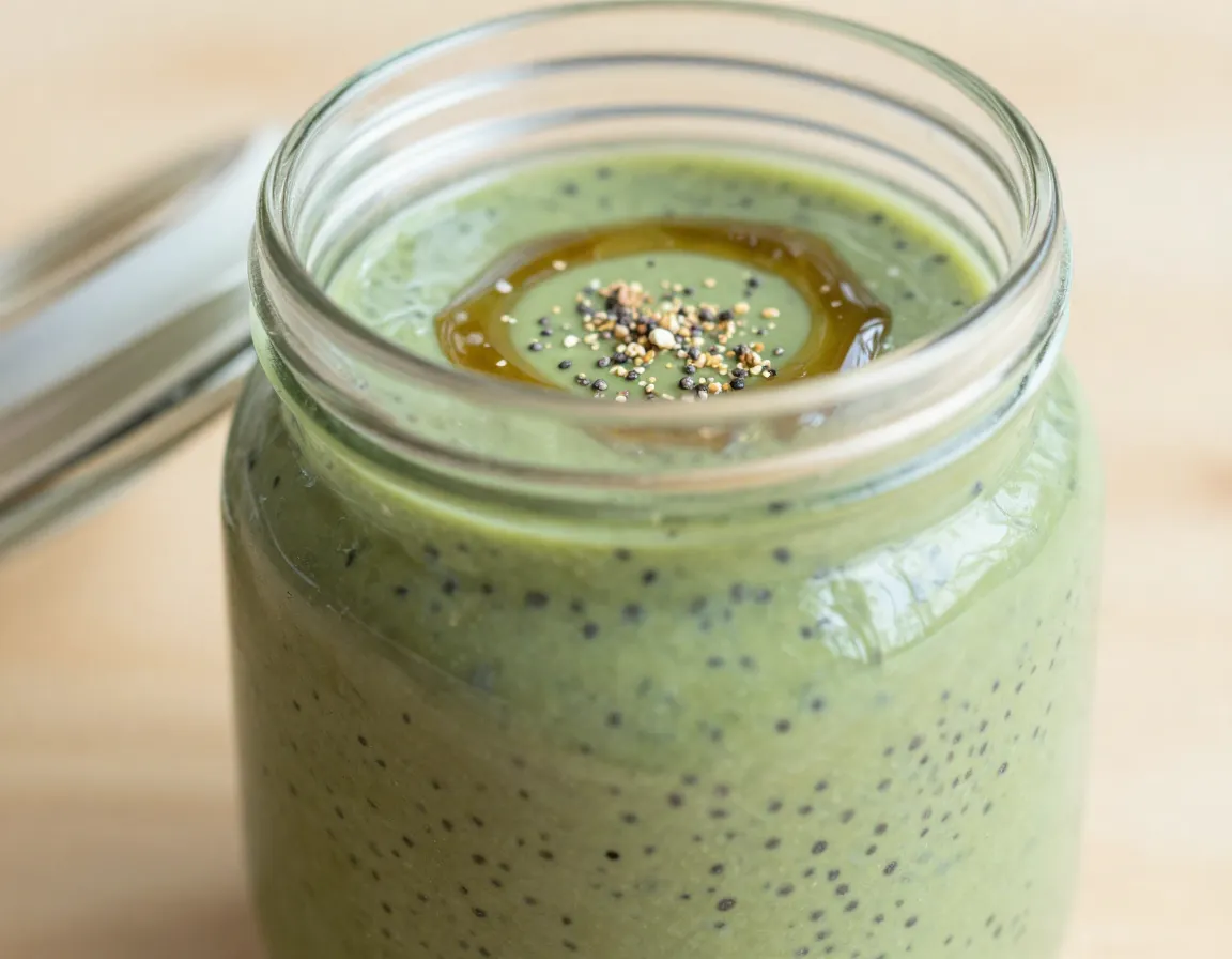 Matcha chia seed pudding drink in jar after setting