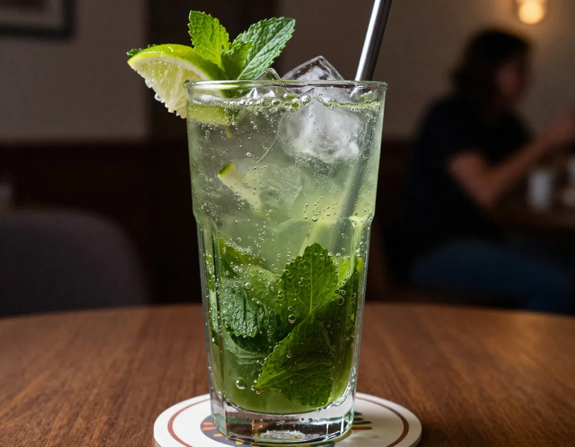 Sparkling non alcoholic matcha mojito with mint and lime
