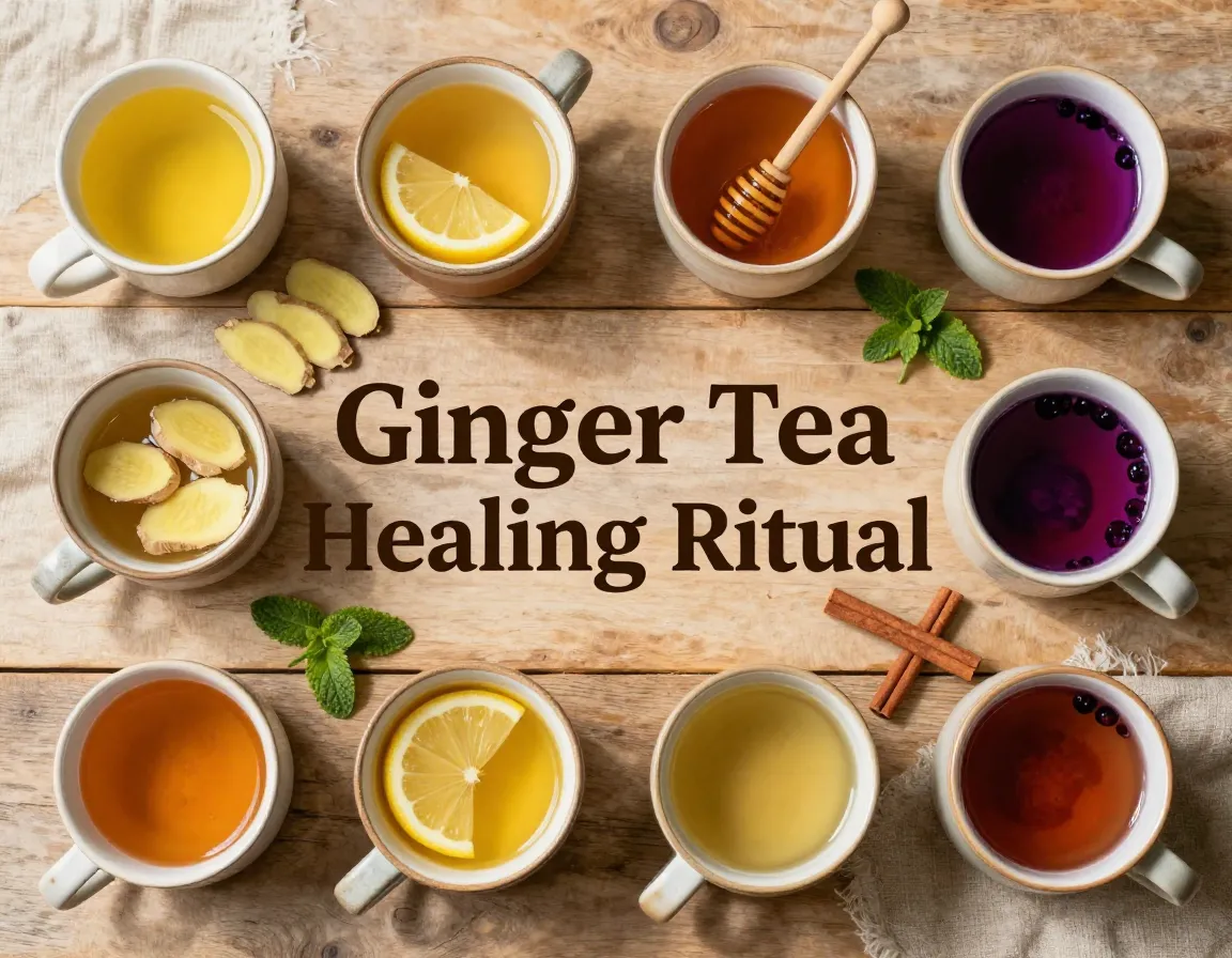 Nine ginger tea mugs fresh root lemon honey herbs flat lay