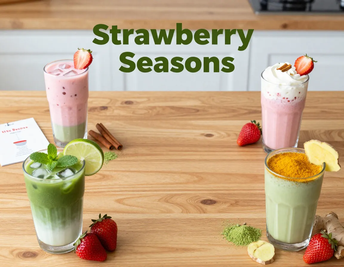 Nine seasonal strawberry matcha latte recipes flatlay