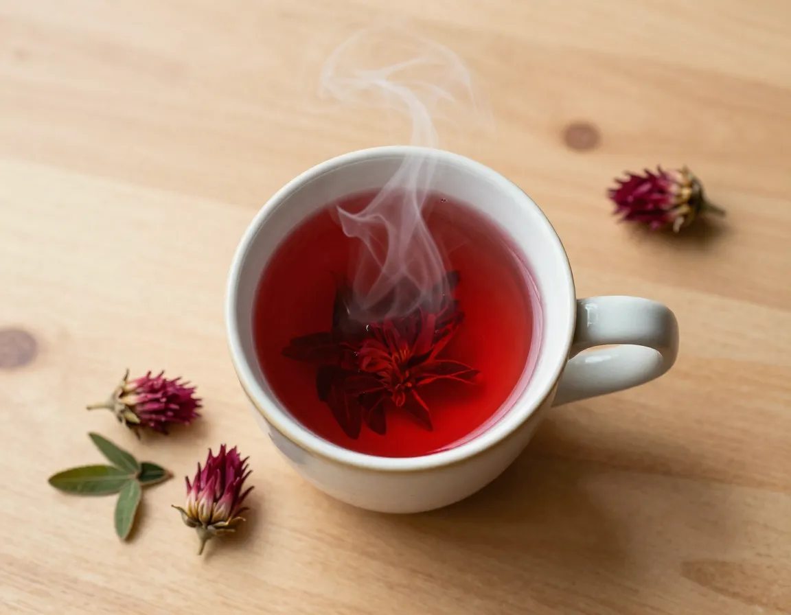 A steaming cup of red clover tea on a calm morning table