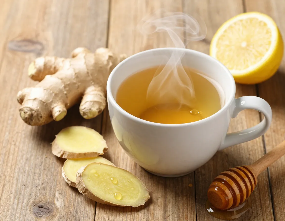 Classic fresh ginger digestive tea in a mug on a wooden table