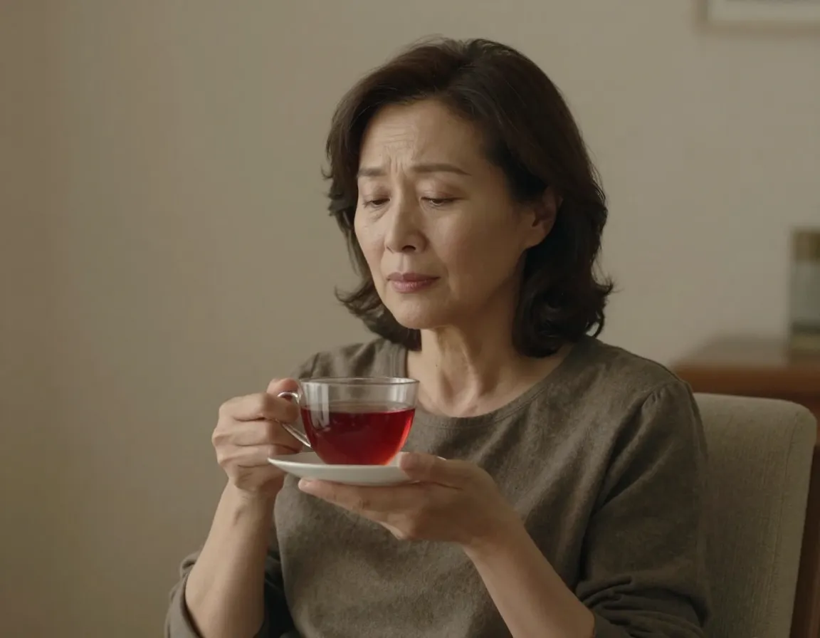 A serene woman holding a teacup with reduced anxiety and depression