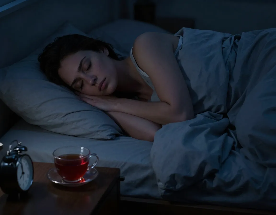 A woman sleeping soundly through the night with a teacup nearby