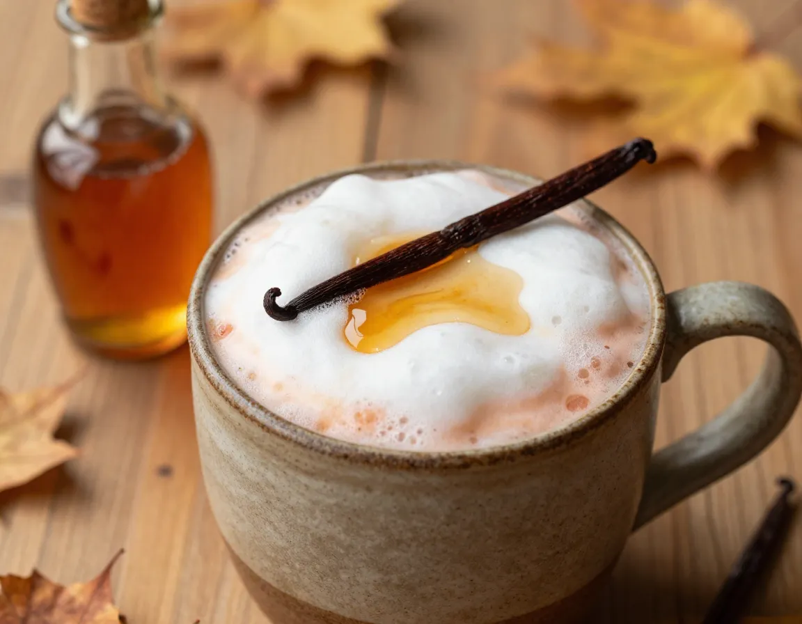 Maple strawberry matcha latte with foamed milk and vanilla pod in rustic mug
