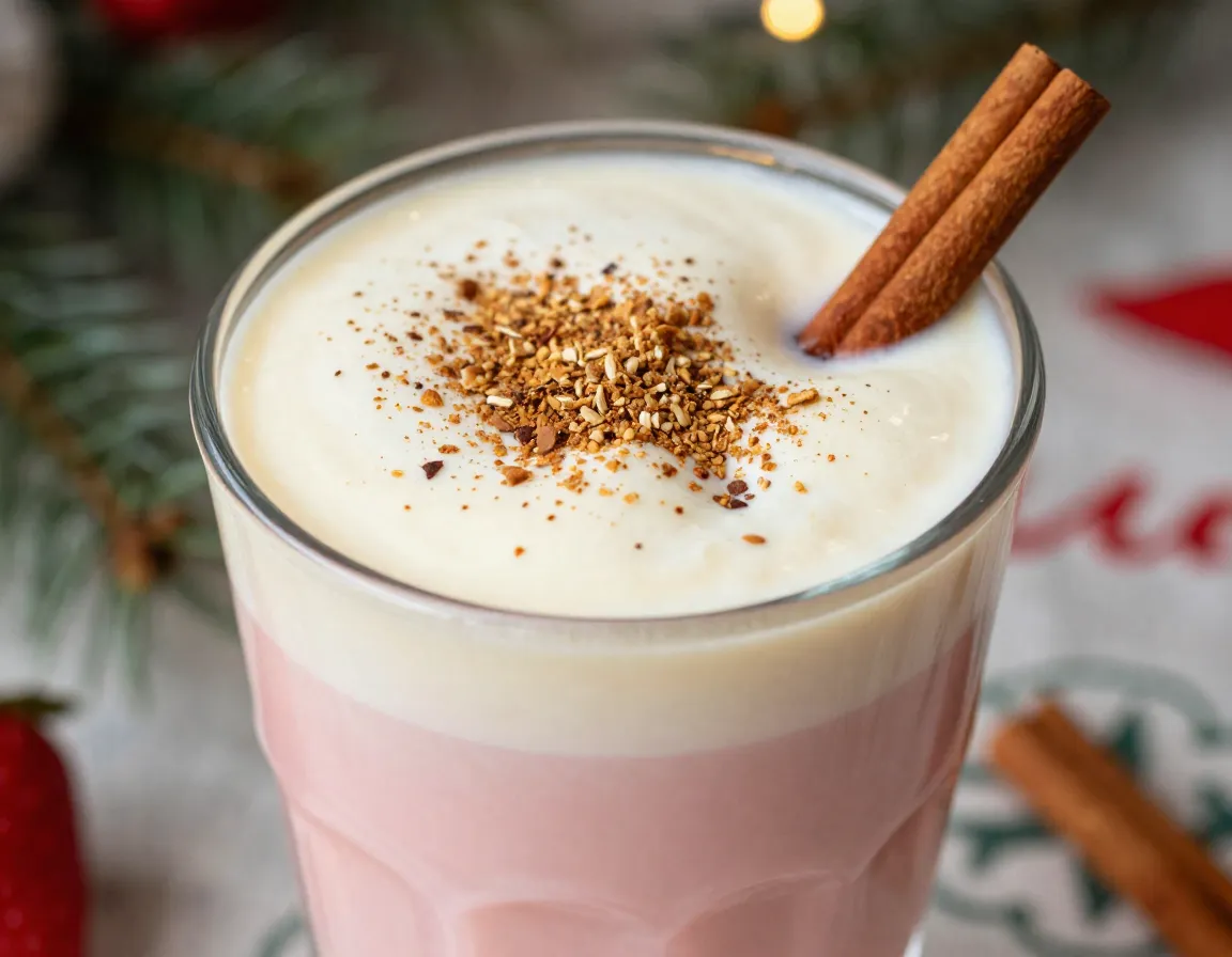Rich creamy strawberry matcha eggnog latte in glass mug with nutmeg dusting and cinnamon stick