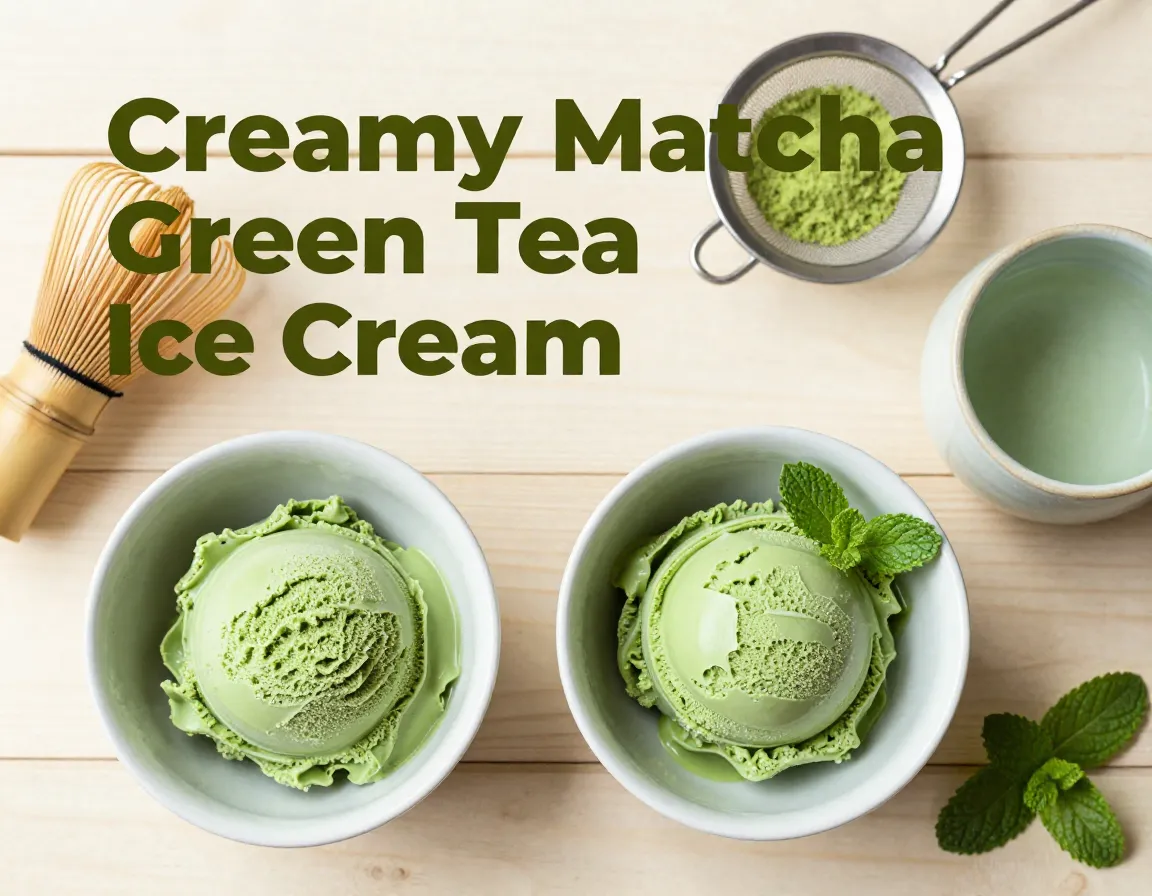 Creamy matcha green tea ice cream recipe flat lay bowls whisk