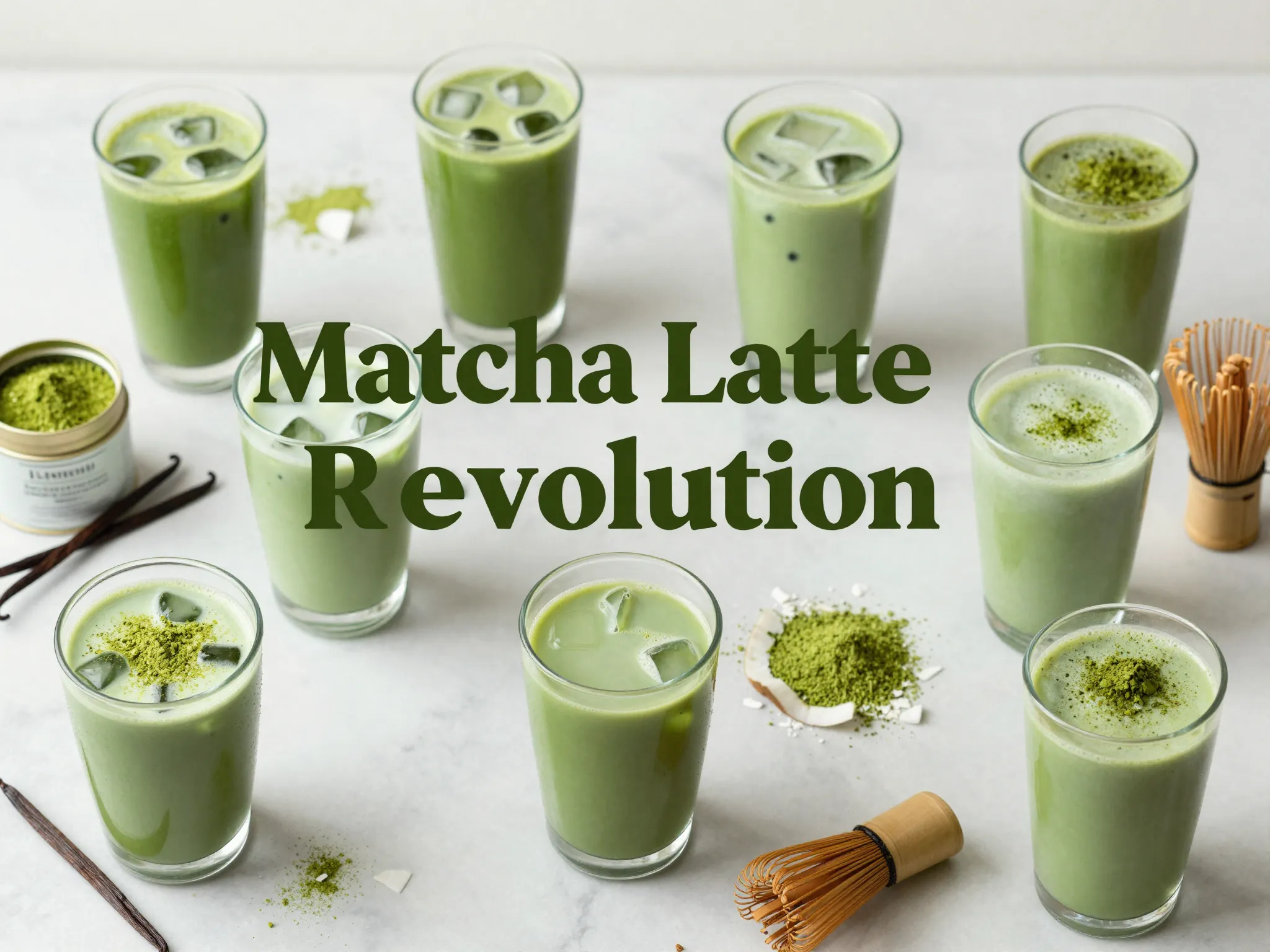 Homemade matcha lattes better than starbucks flatlay nine variations