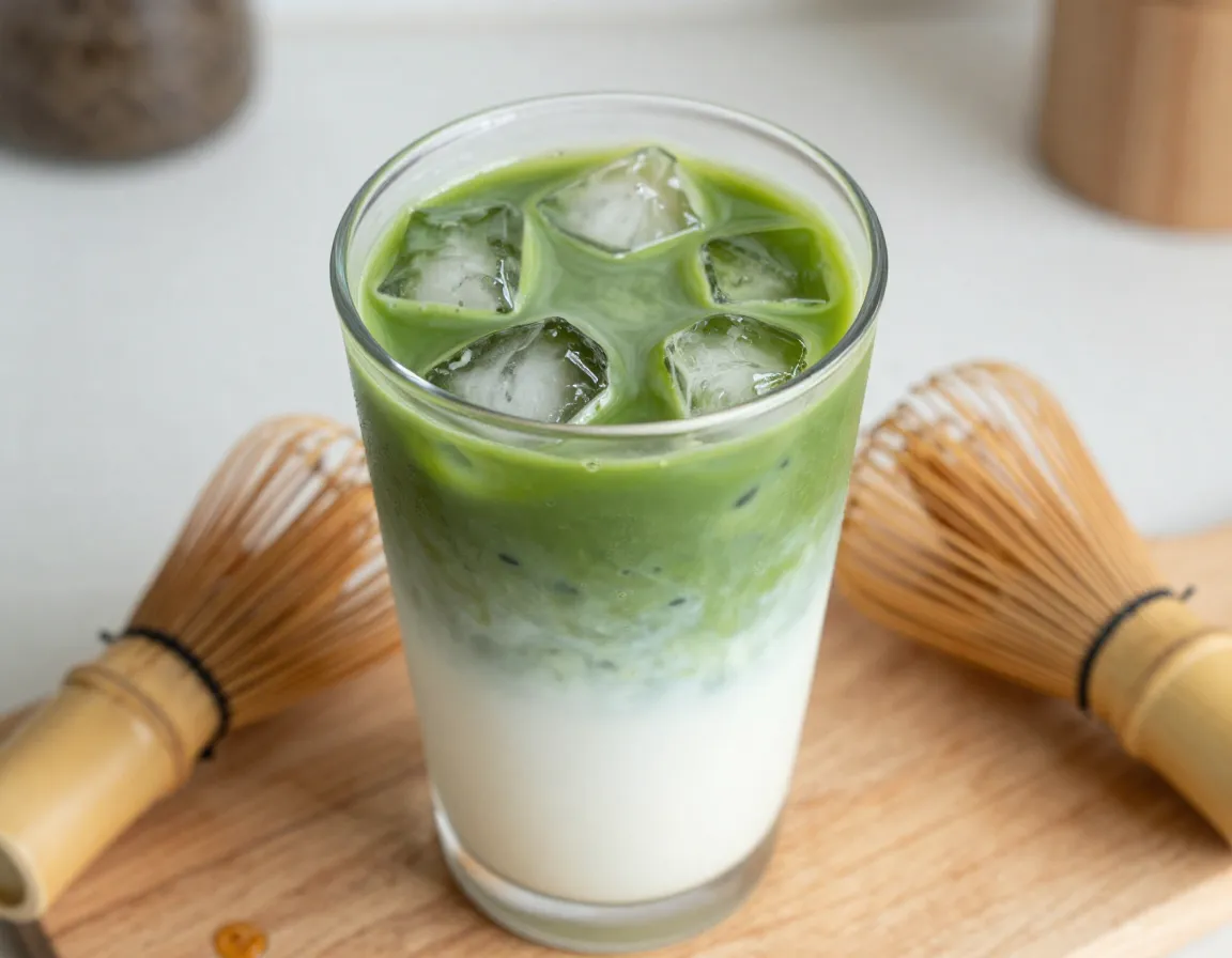 Classic creamy iced matcha latte in a tall glass