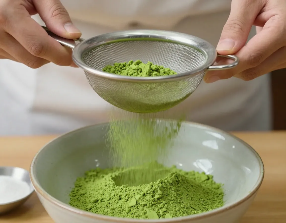 Chef sifting ceremonial matcha powder through fine mesh strainer into bowl