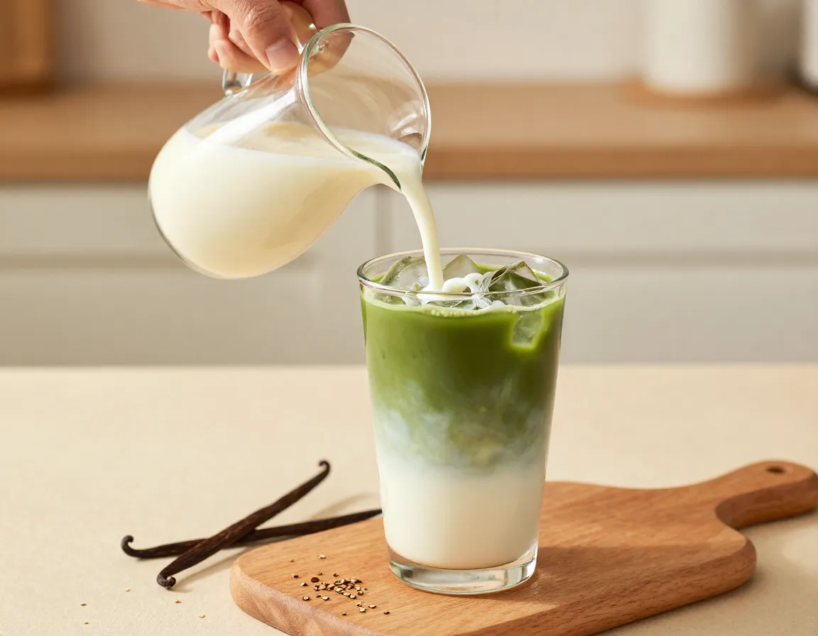 Vanilla bean iced matcha perfection with oat milk
