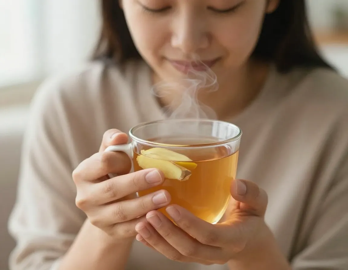 A person holding a warm mug of ginger tea looking relieved from nausea