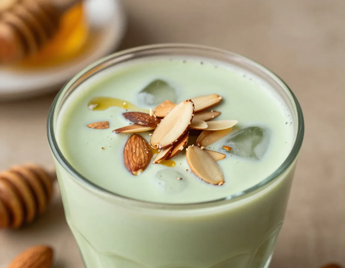 Honey almond iced matcha luxury with sliced almonds