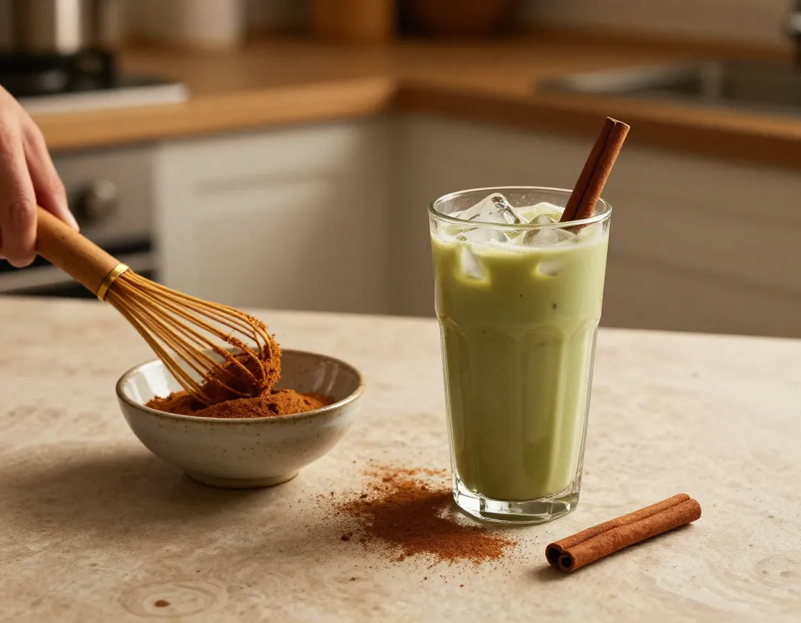 Cinnamon spice iced matcha fusion with a cinnamon stick