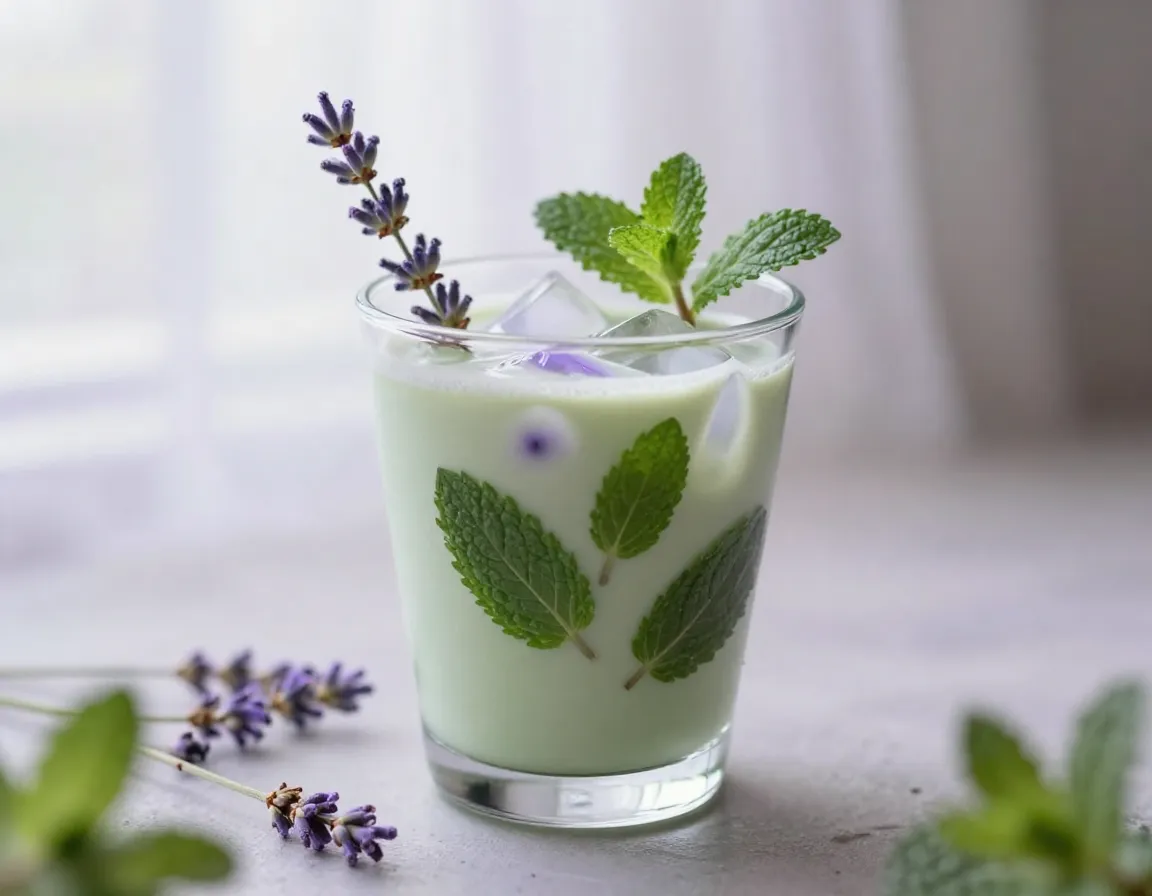 Lavender mint iced matcha serenity with fresh mint sprig