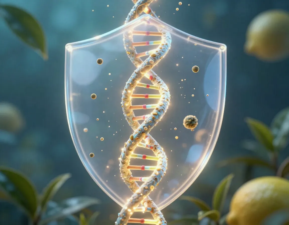 Conceptual image of dna helix protected by antioxidant shield from tea
