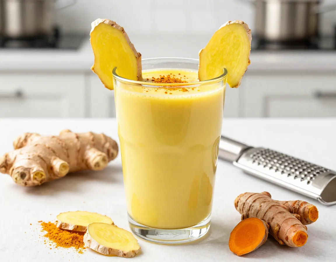 Ginger turmeric iced matcha wellness with fresh ginger slice