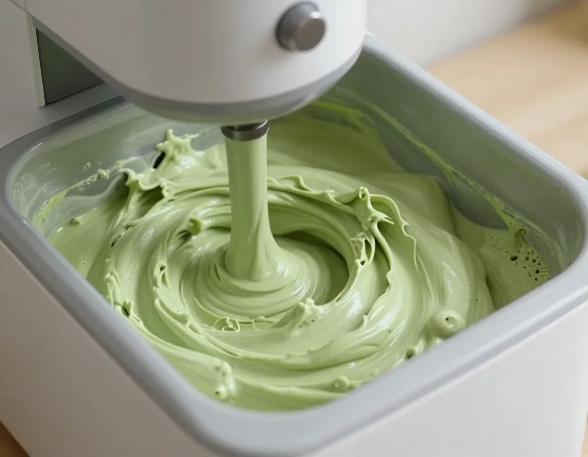 Ice cream maker churning pale green matcha mixture to soft serve