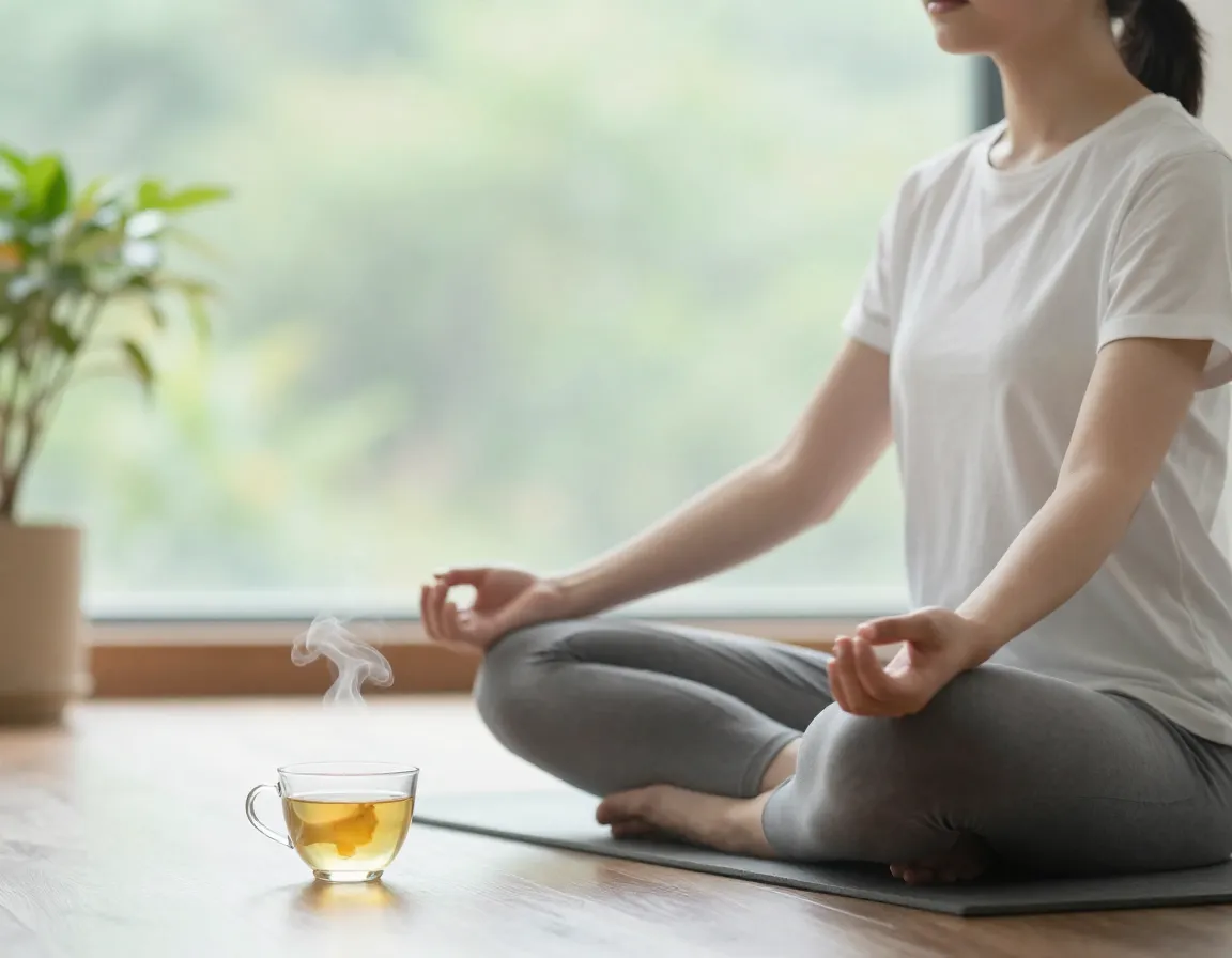 Person meditating peacefully with a cup of ginger tea for stress relief