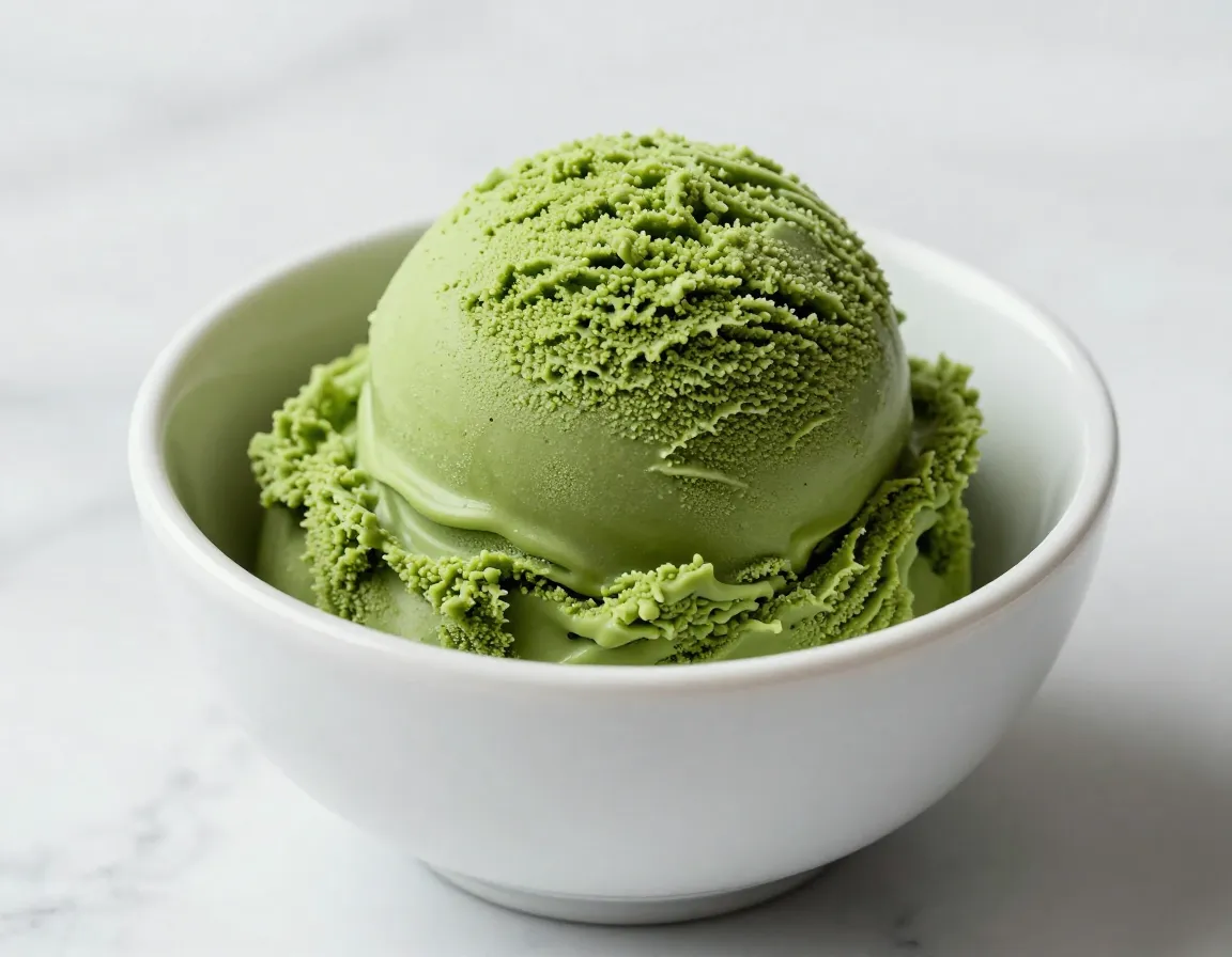 Scoop of vibrant green matcha ice cream in a chilled ceramic bowl