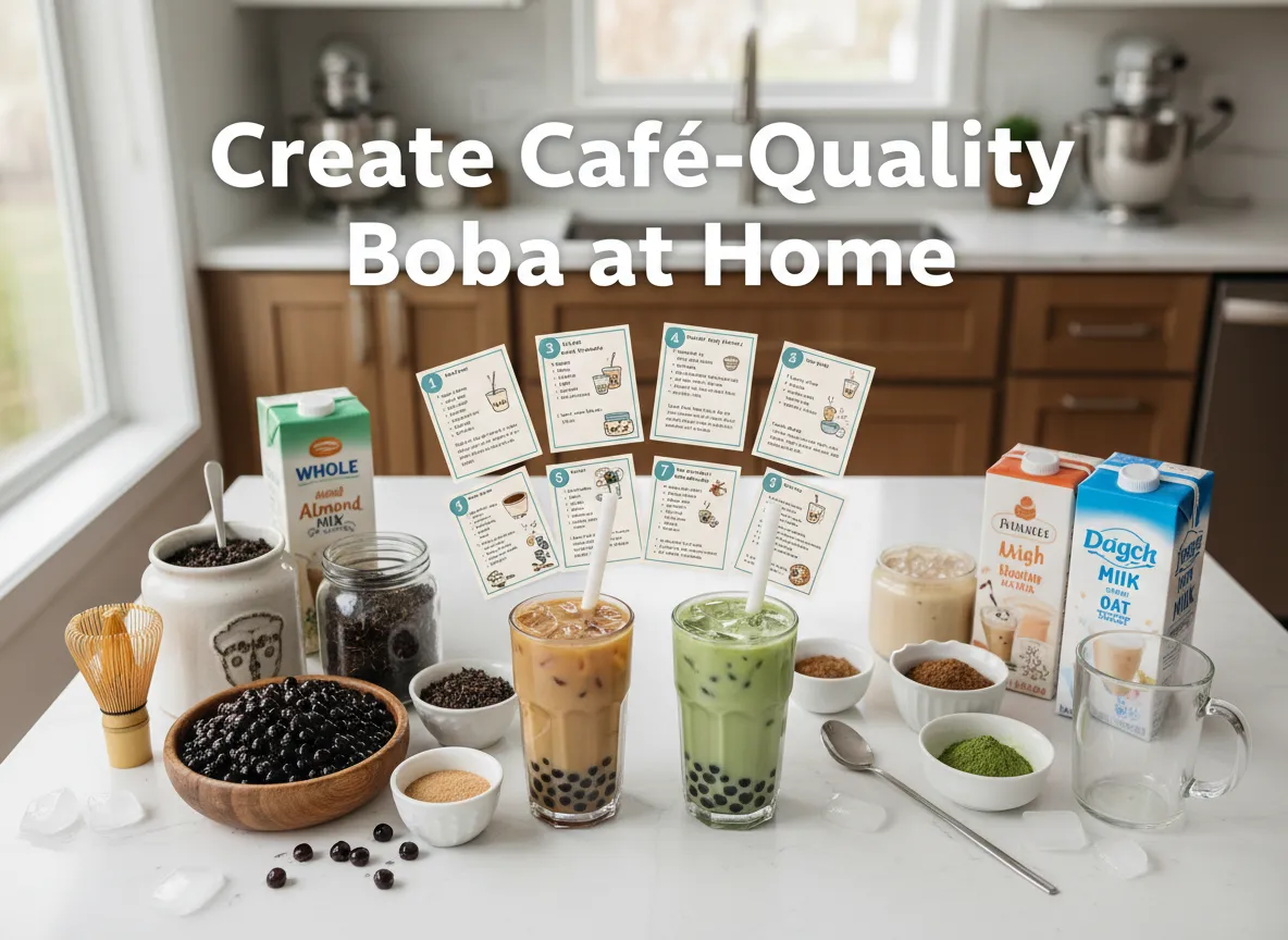 Home boba bar flatlay ingredients recipes variations garnishes