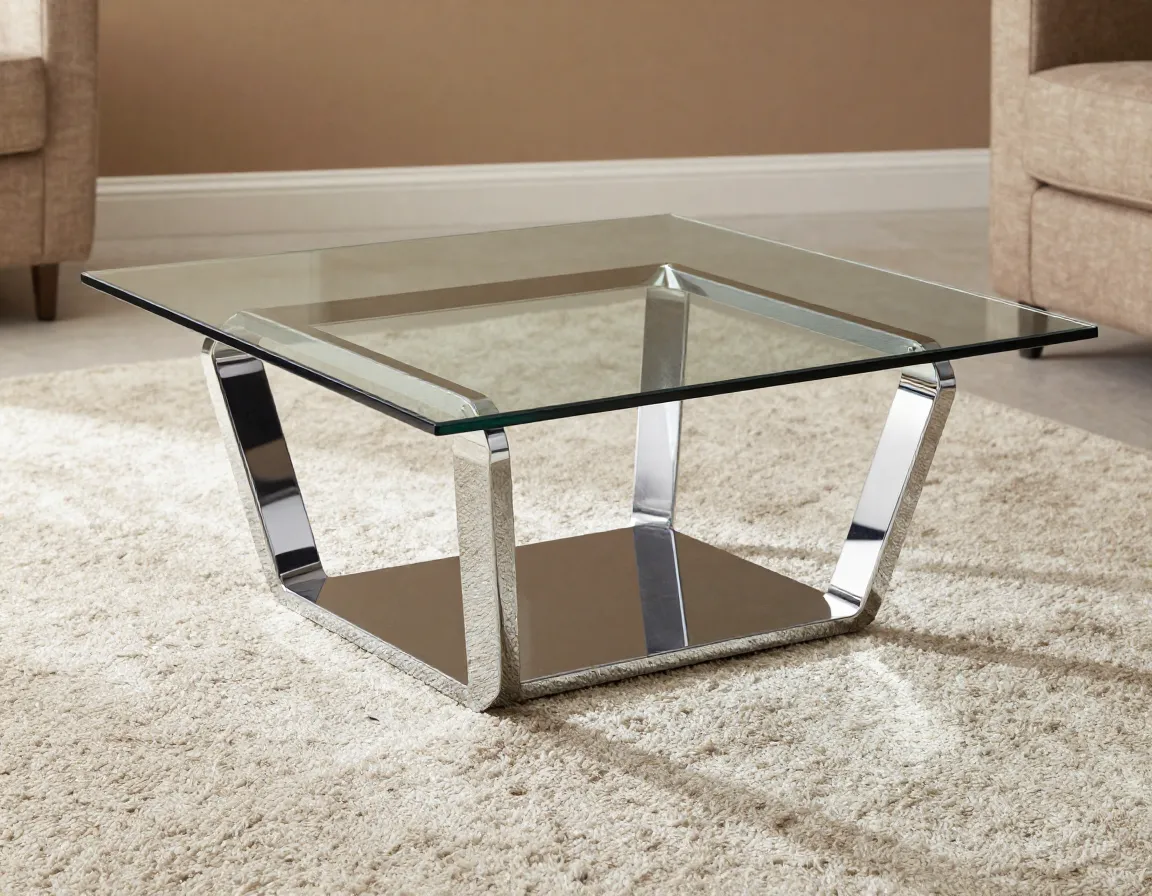 Geometric glass marvel coffee table chrome base sunlit living room