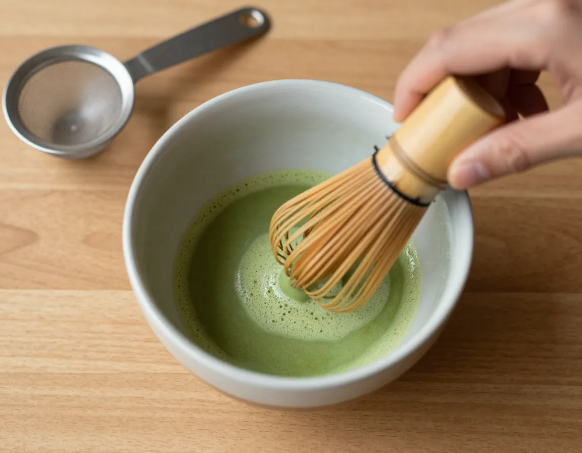 Mindful matcha preparation ritual whisking in w pattern creating meditation moment