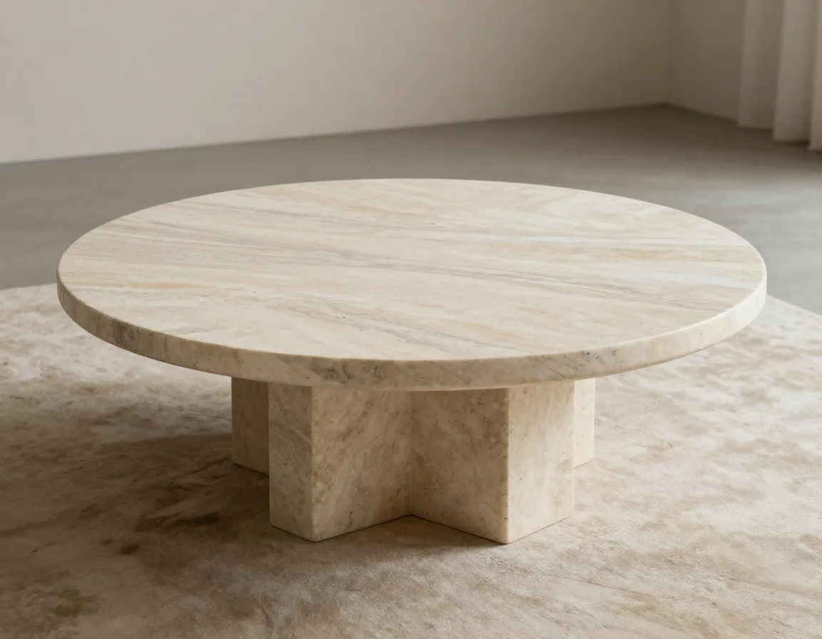 Sculptural stone statement travertine coffee table geometric circle