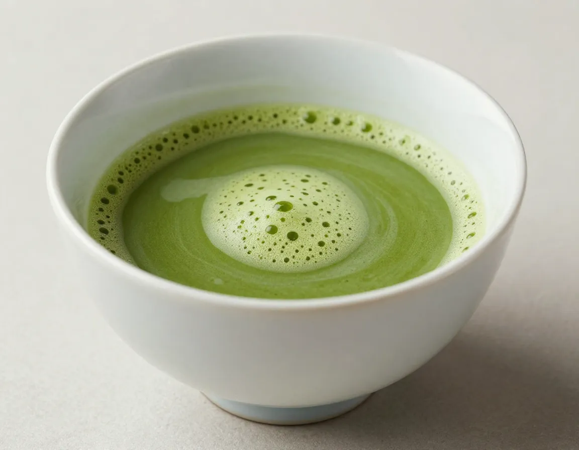 Vibrant jade green matcha in ceramic bowl premium flavor profile umami taste
