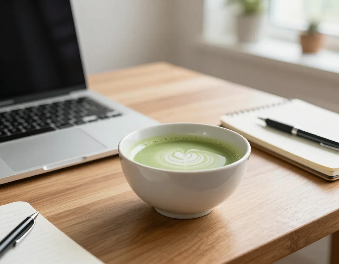 Sustained clean energy matcha drink on desk for focus without jitters