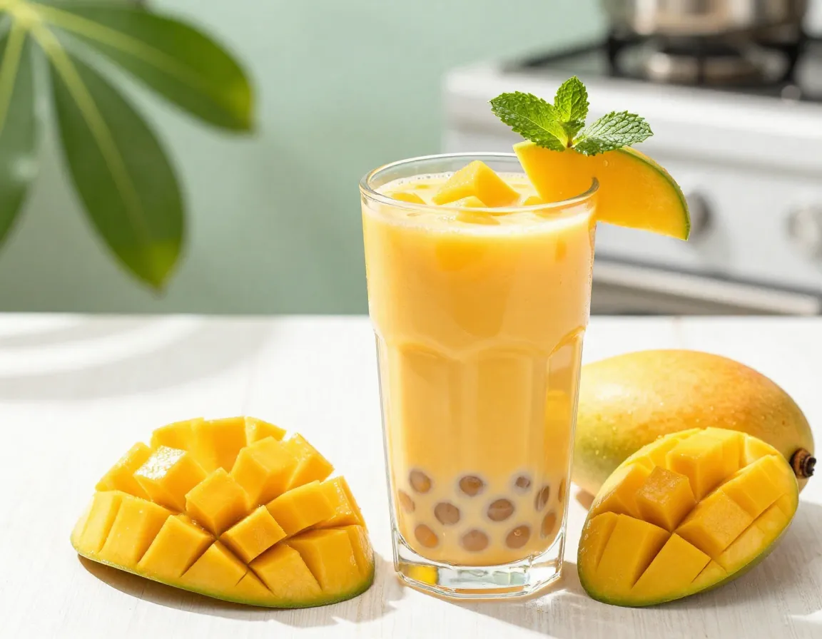 Tropical mango milk tea with coconut milk and boba