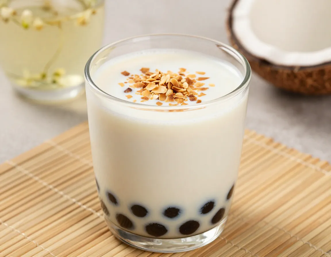 Creamy coconut milk tea with jasmine tea and toasted flakes