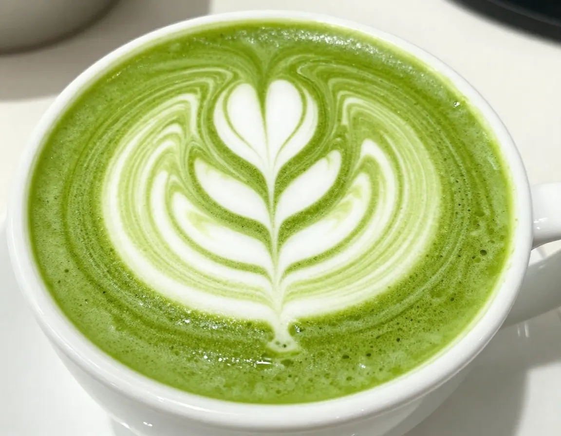 Instagram worthy matcha latte art in ceramic mug vibrant green foam