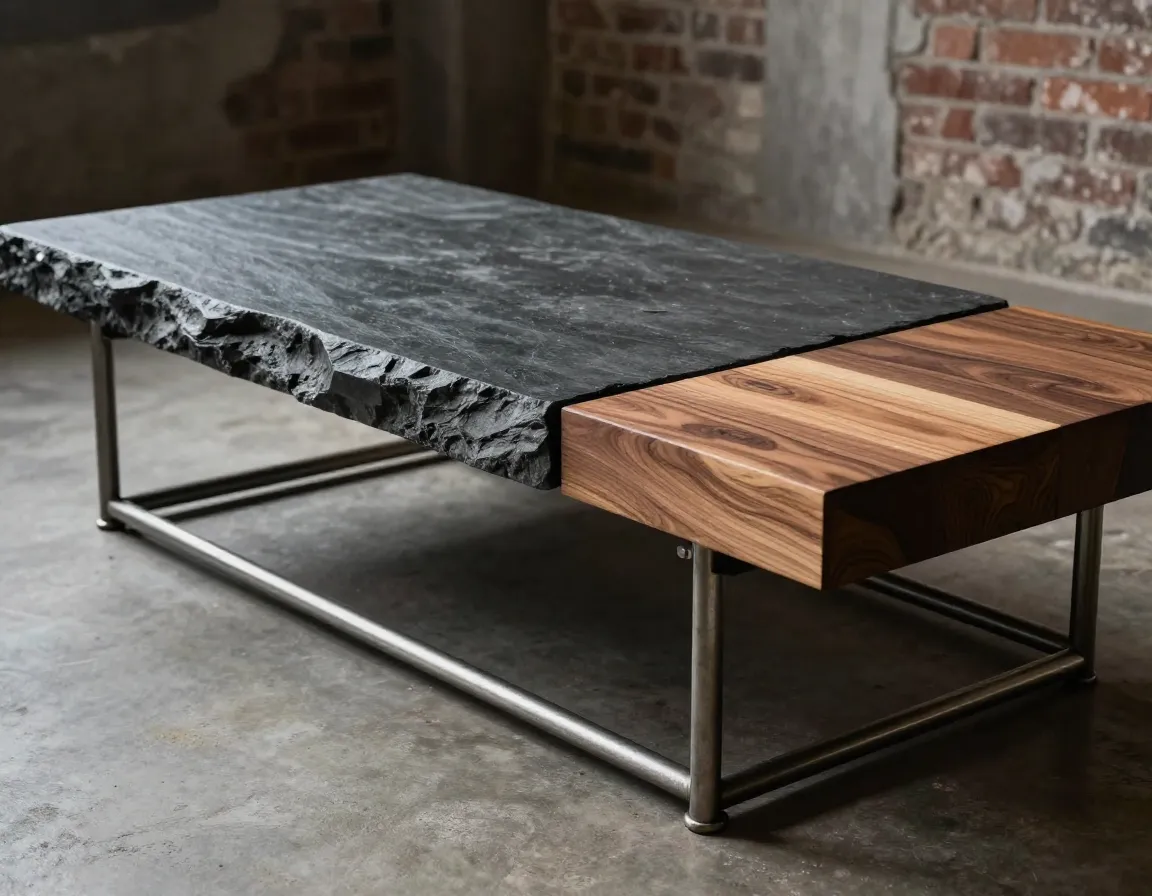Mixed media marvel coffee table wood metal stone textural contrast