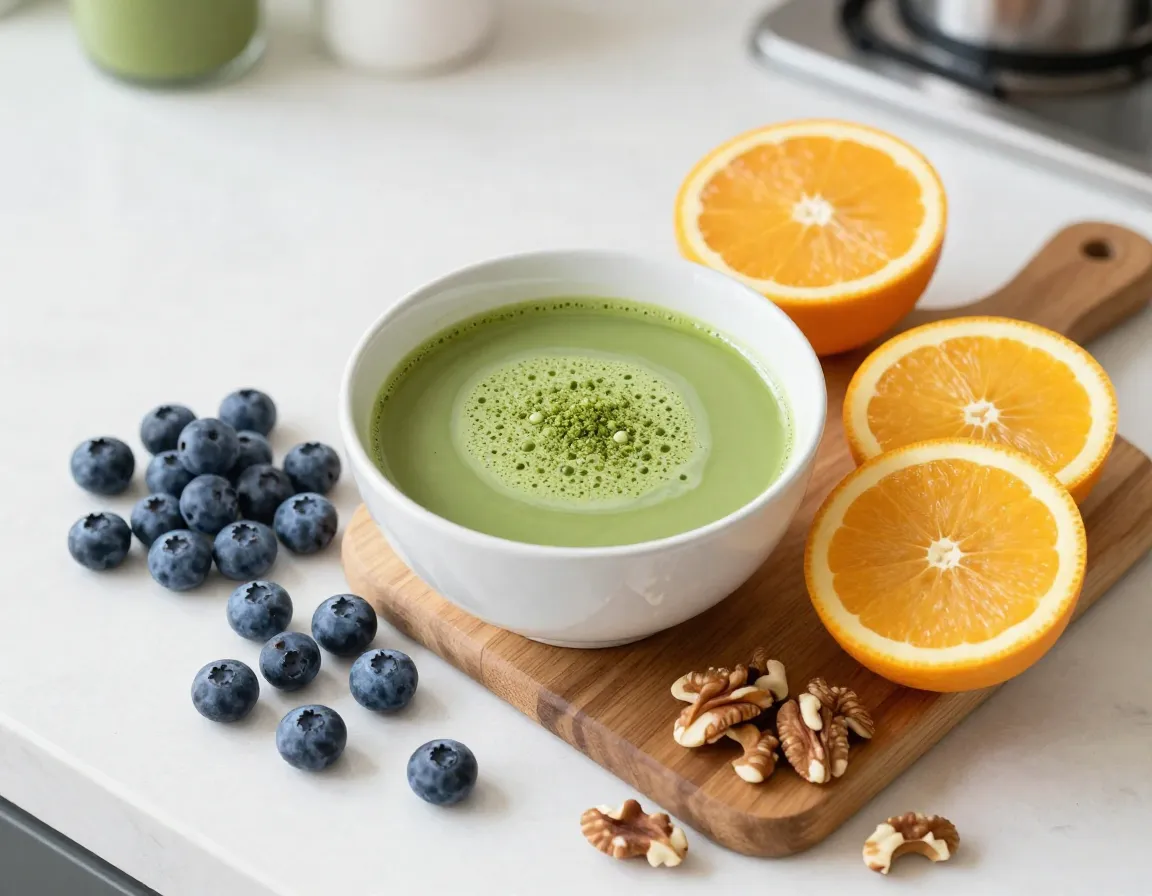 Health and wellness matcha bowl with fresh fruits and antioxidant foods
