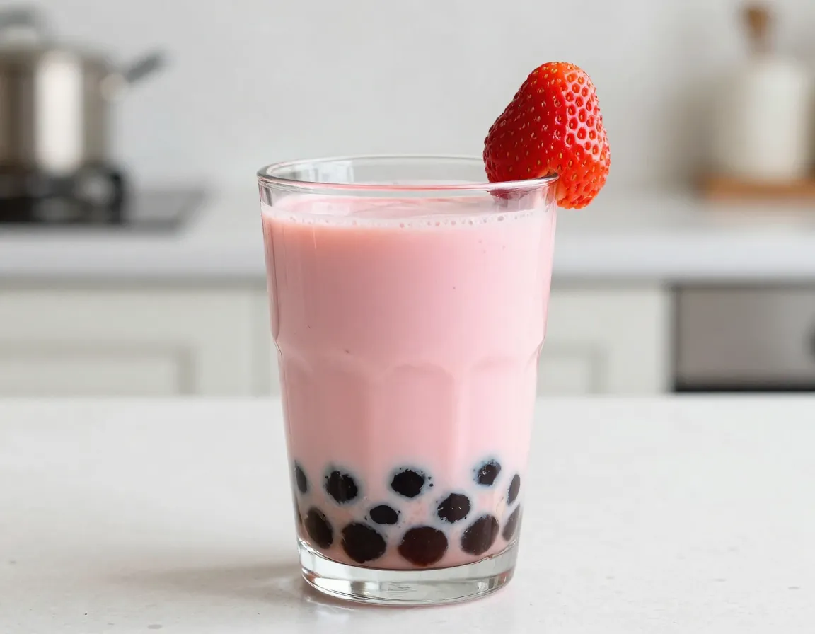 Pink strawberry milk tea with fresh strawberry puree