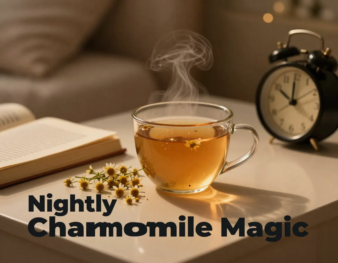 Chamomile tea mug bedside clock blanket book nighttime